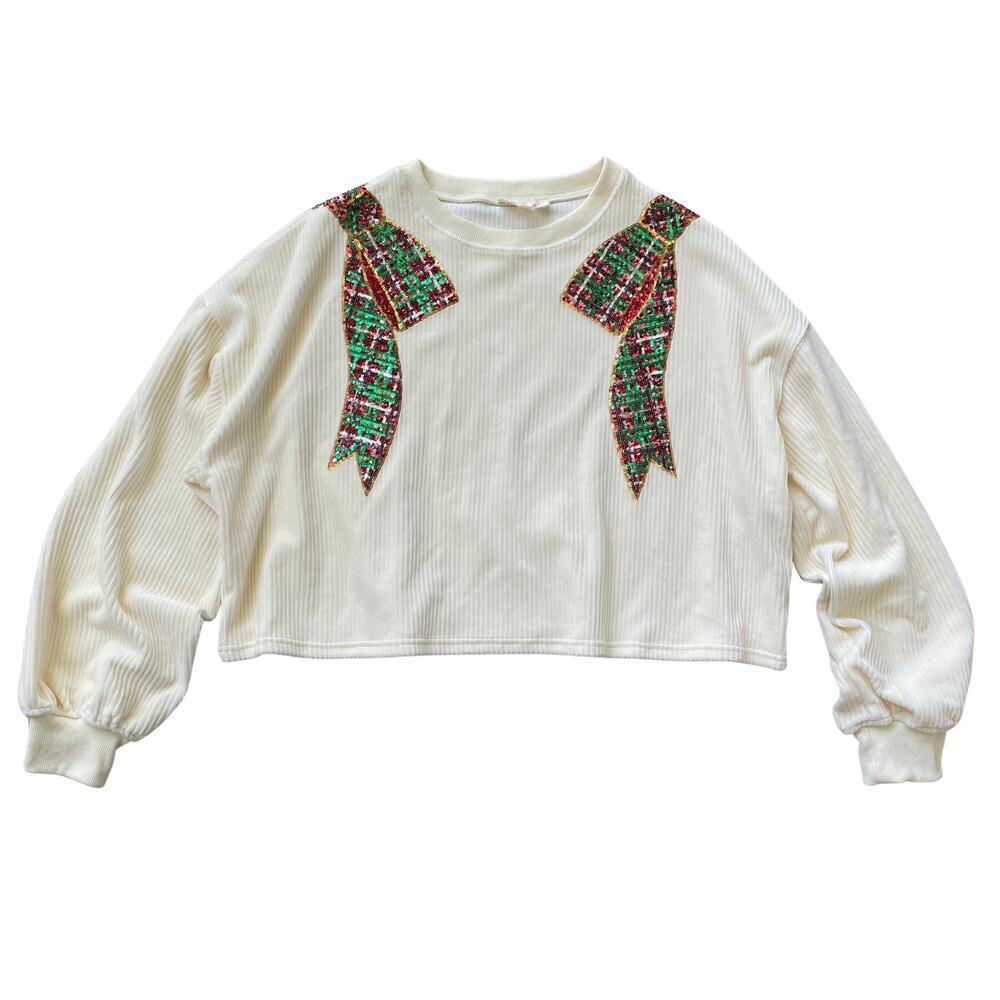 Peach Love California Cream Ribbed Sweatshirt with Red & Green Embellished Bows